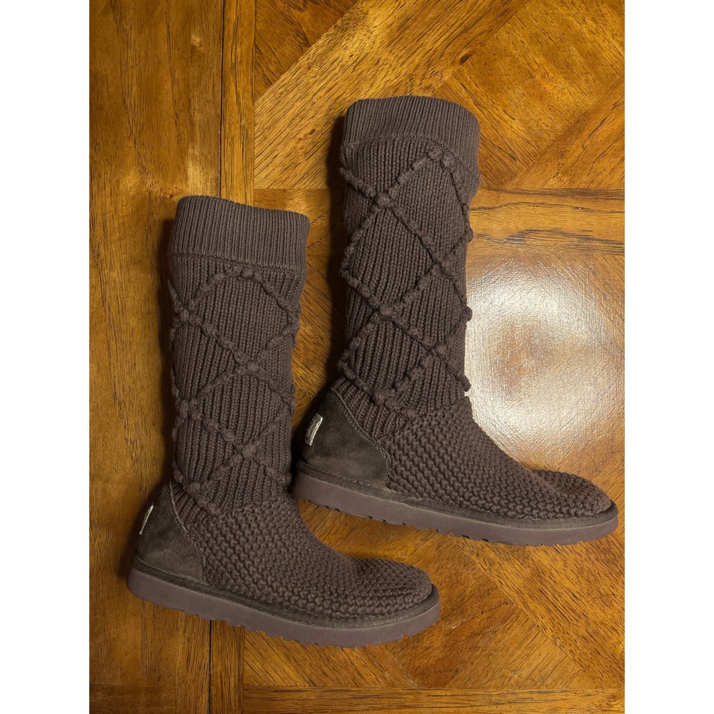 UGG Australia Argyle Knit Boots Brown Tall Cardy Sweater Boot 5879 Womens 7